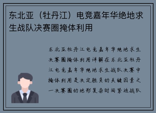 东北亚（牡丹江）电竞嘉年华绝地求生战队决赛圈掩体利用